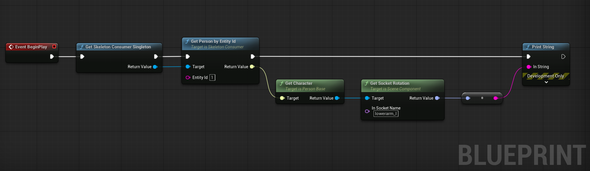 Blueprint: Get Skeleton Consumer Singleton → Get Person By Entity Id → Get Character → Get Socket Rotation → Print String