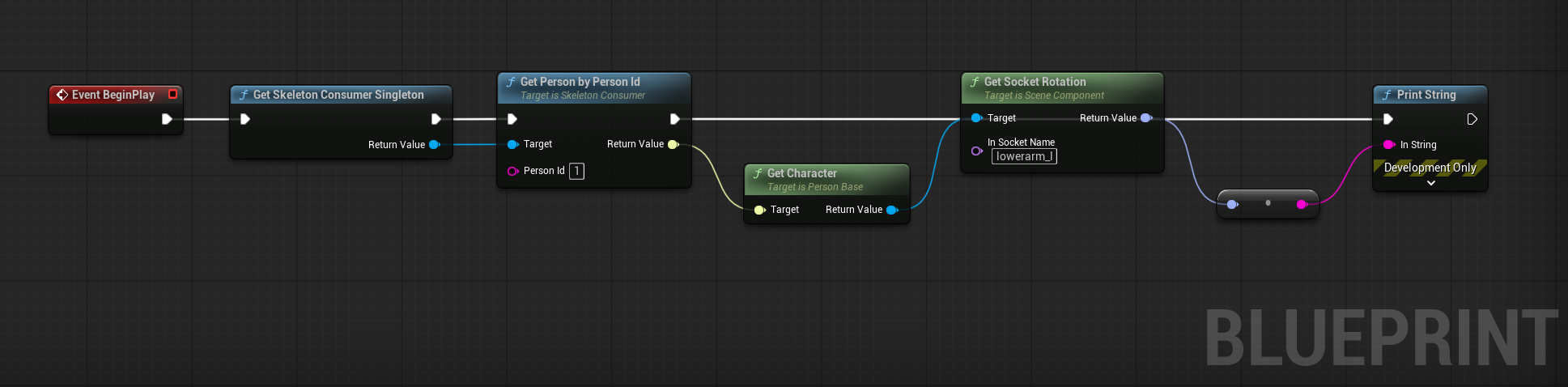 Blueprint: Get Skeleton Consumer Singleton → Get Person By Person Id → Get Character → Get Socket Rotation → Print String