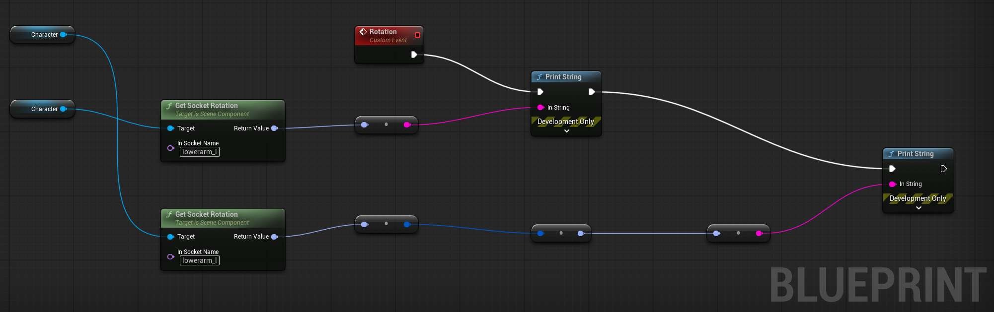 Blueprint: Get Socket Rotation → Print (Euler) and → To Quaternion