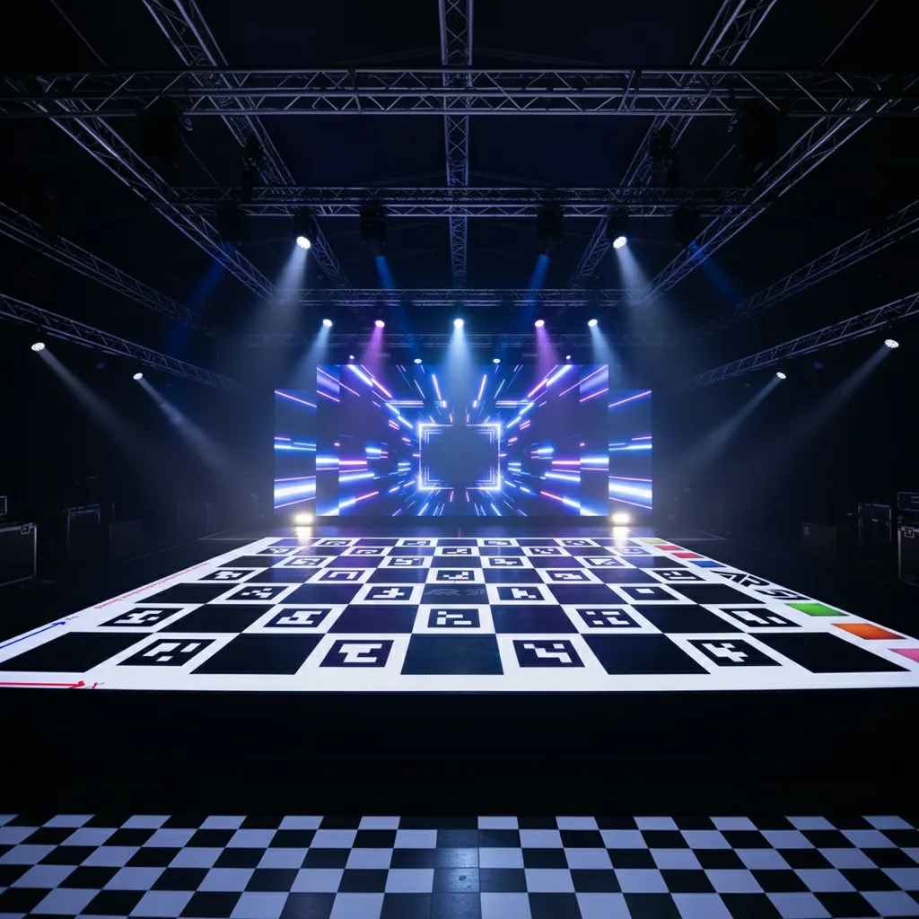 An AR 51 calibration board projected onto an LED stage floor