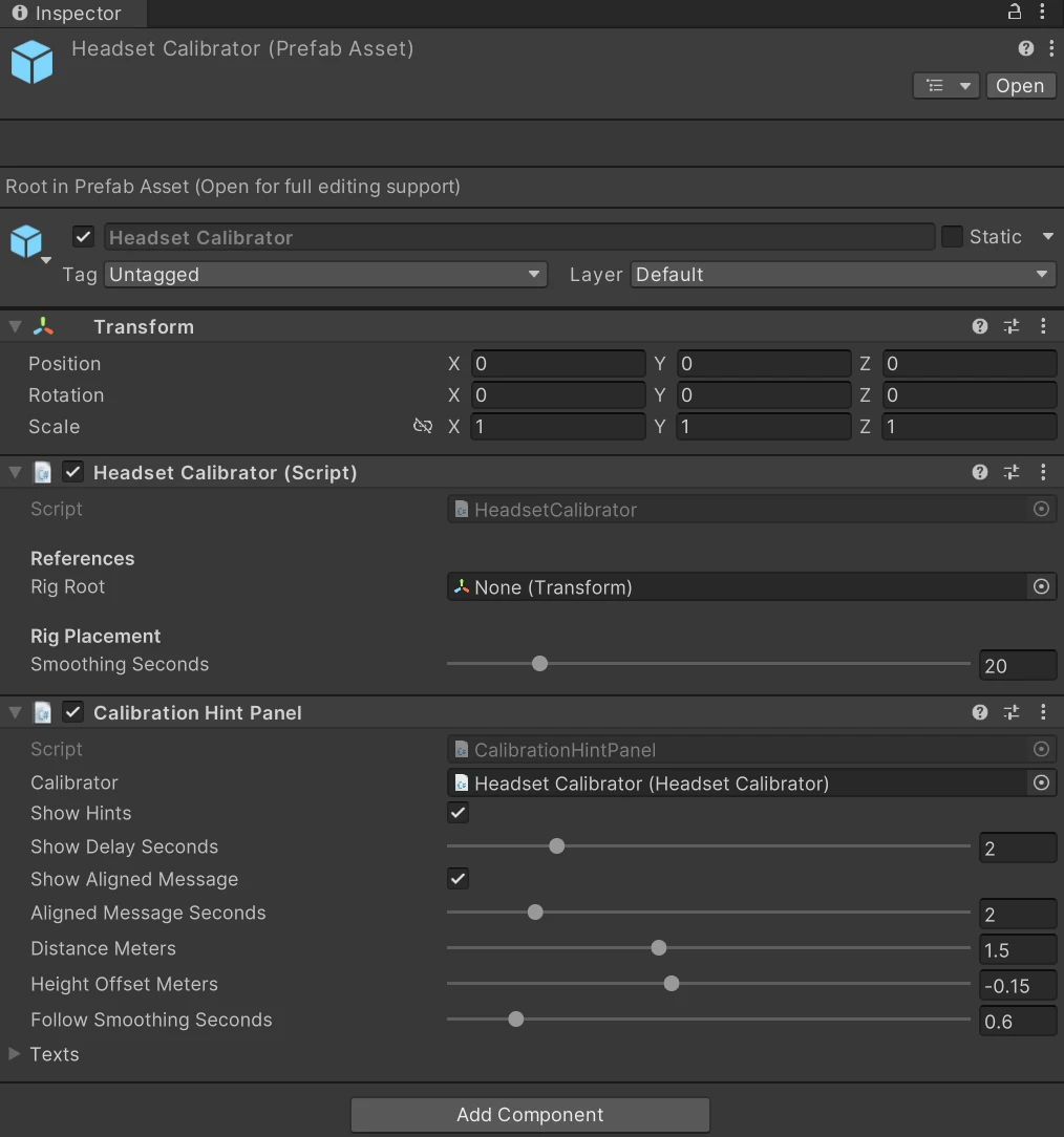 The Headset Calibrator prefab in the Unity Inspector, showing the Headset Calibrator component (Rig Root, Smoothing Seconds) and the Calibration Hint Panel component (Show Hints, delays, distance, height and Texts)