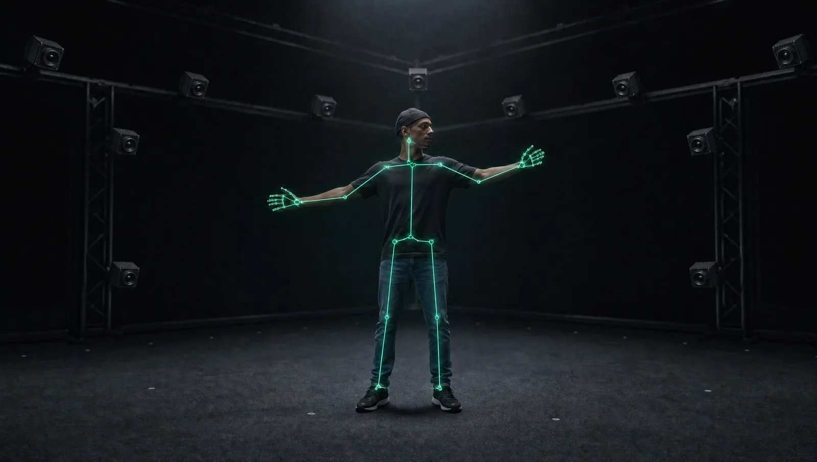 A performer tracked by the AR-51 camera array, skeleton overlaid in real time