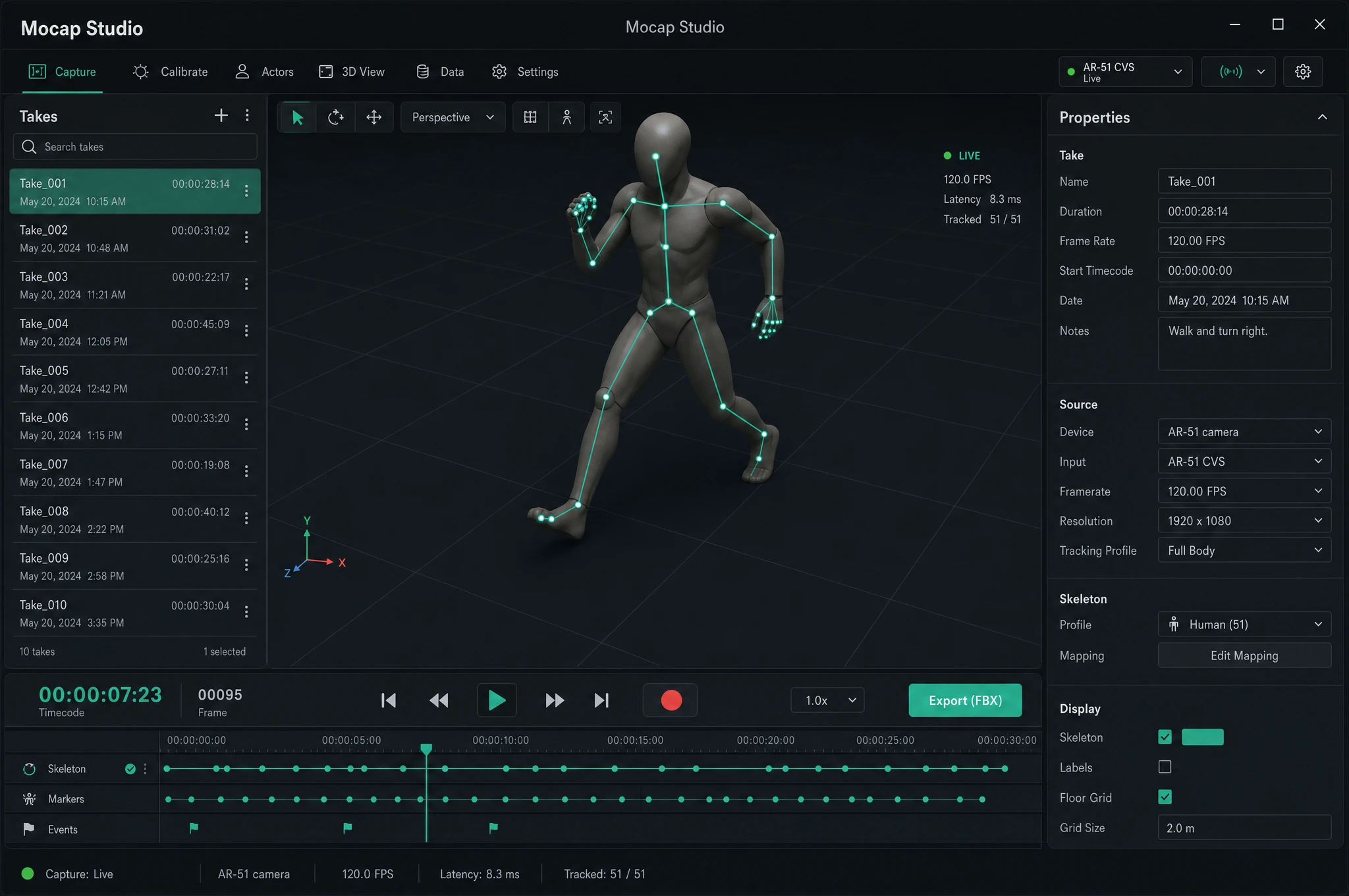 The Mocap Studio interface — takes list, 3D viewport with a live tracked skeleton, properties, timeline, and FBX export