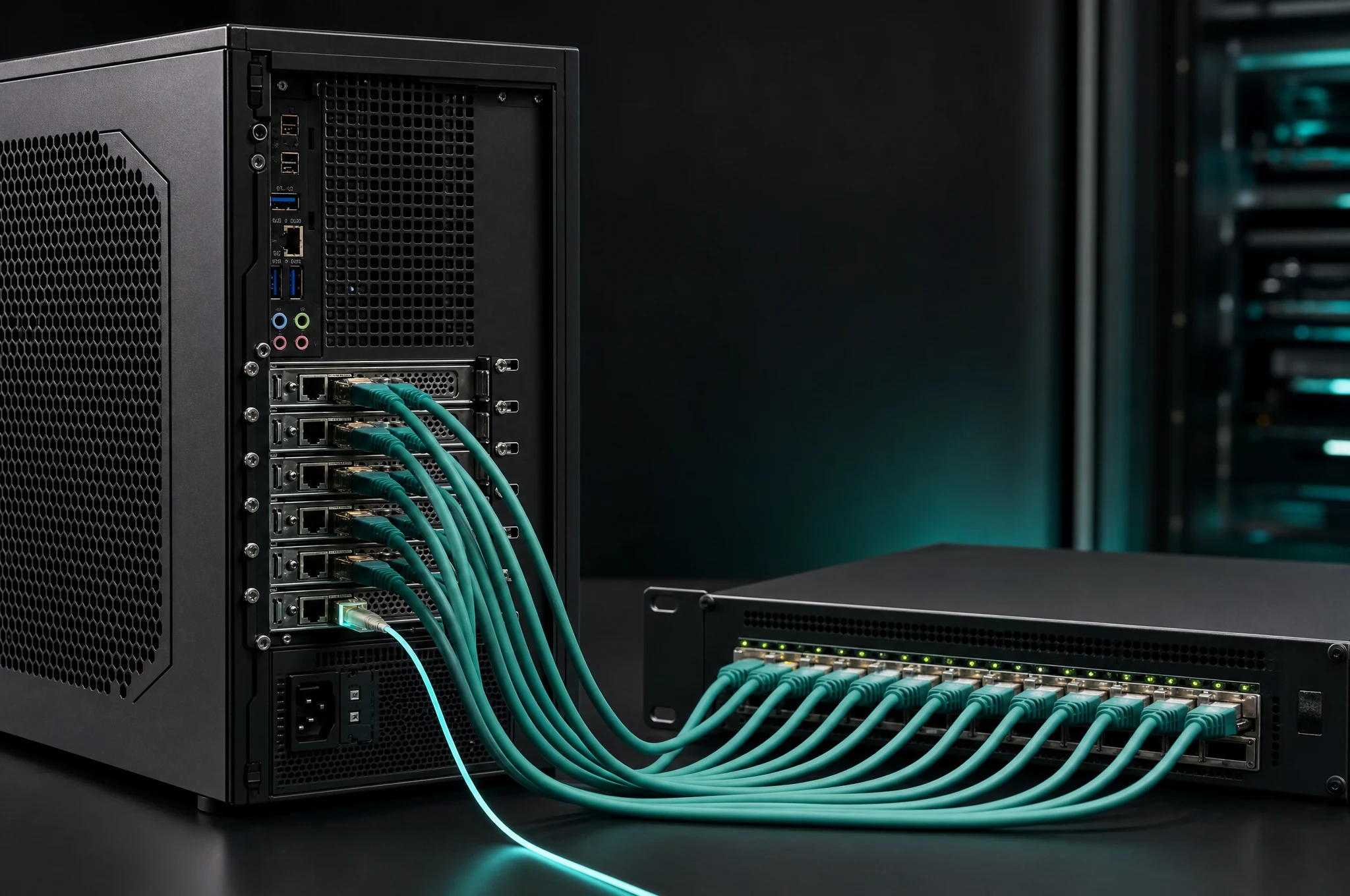 AR 51 AI server with its PCIe network cards cabled to a rack-mount switch