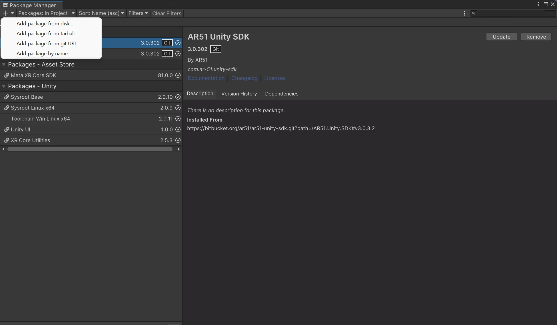 Unity 2022.3 Package Manager with the ＋ menu open, showing "Add package from git URL…" (the third item)