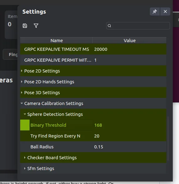 Binary Threshold under Sphere Detection Settings in the AR-51 server