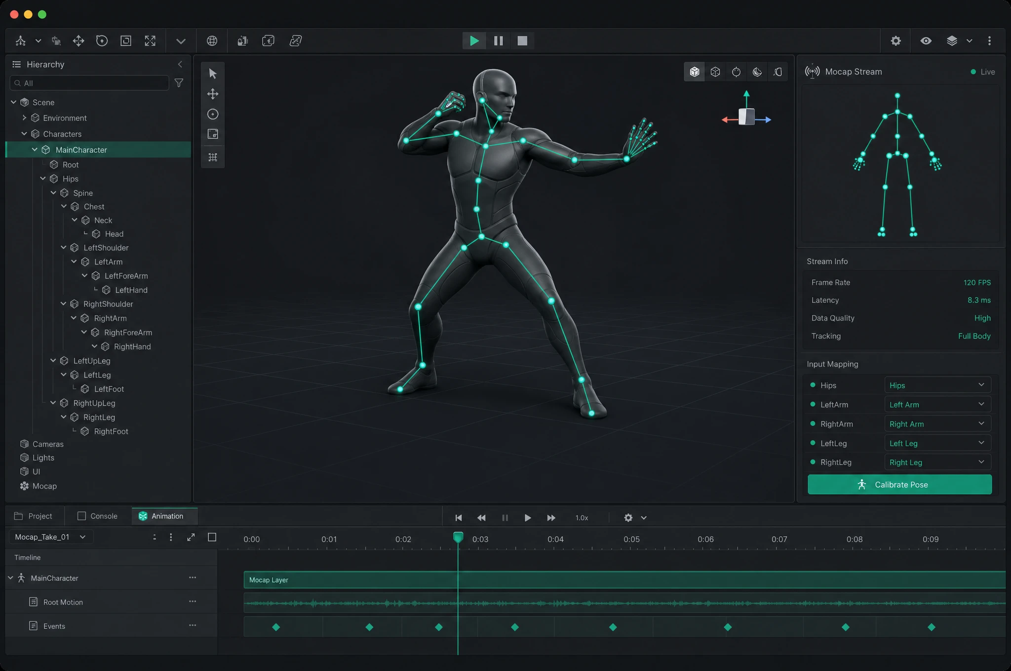 An AR-51 motion-capture skeleton driving a 3D character live inside the Unity editor