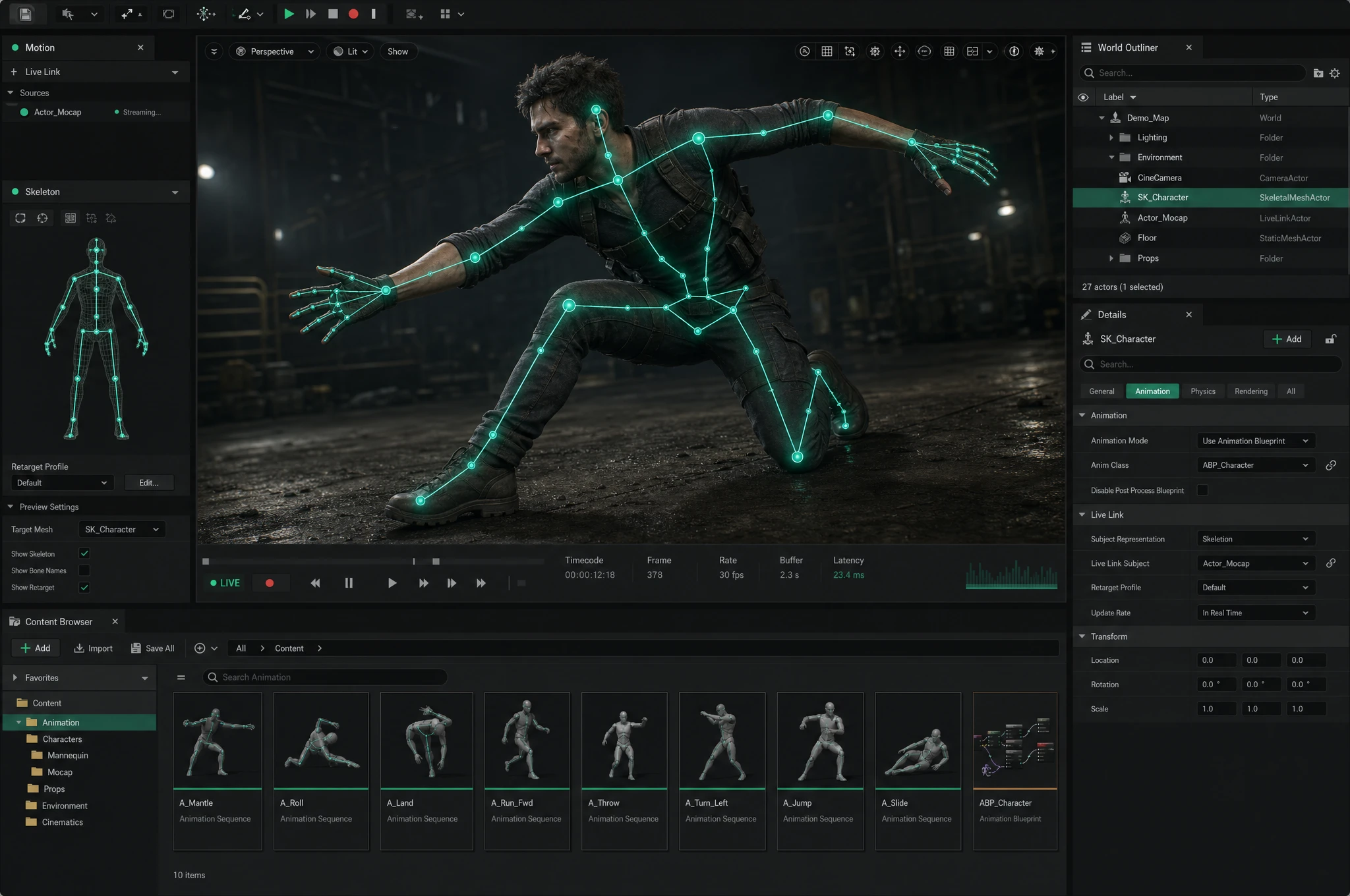 An AR-51 motion-capture skeleton driving a 3D character live inside the Unreal Engine editor