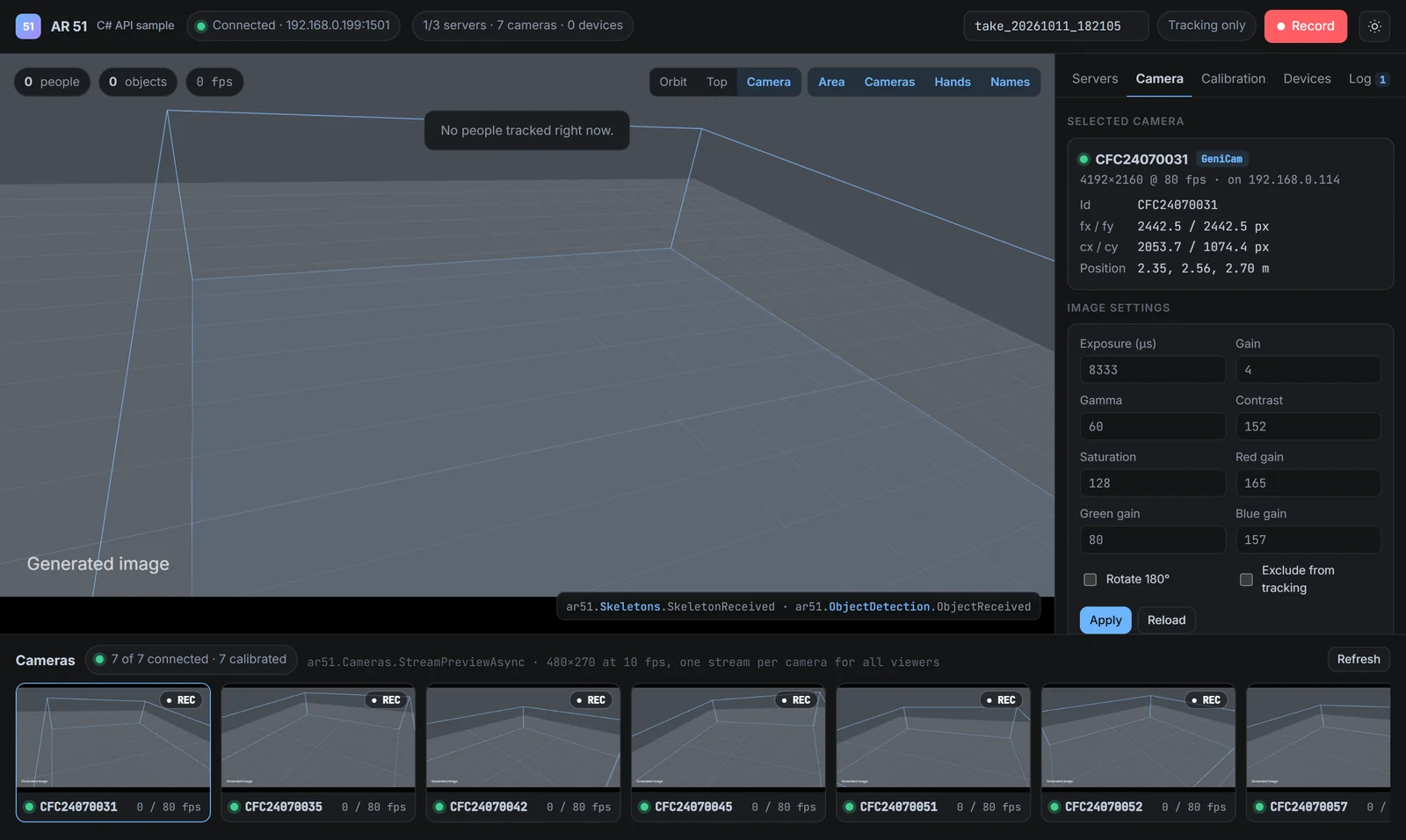 AR51.Net web dashboard camera view: the tracked area drawn from camera CFC24070031's calibrated position over its image, with the camera's calibration values and image settings in the Camera tab
